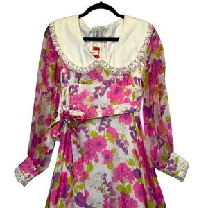 Vintage 1970s  trad Long Sleeve Floral Empire Waist Dress Chiffon Modest small